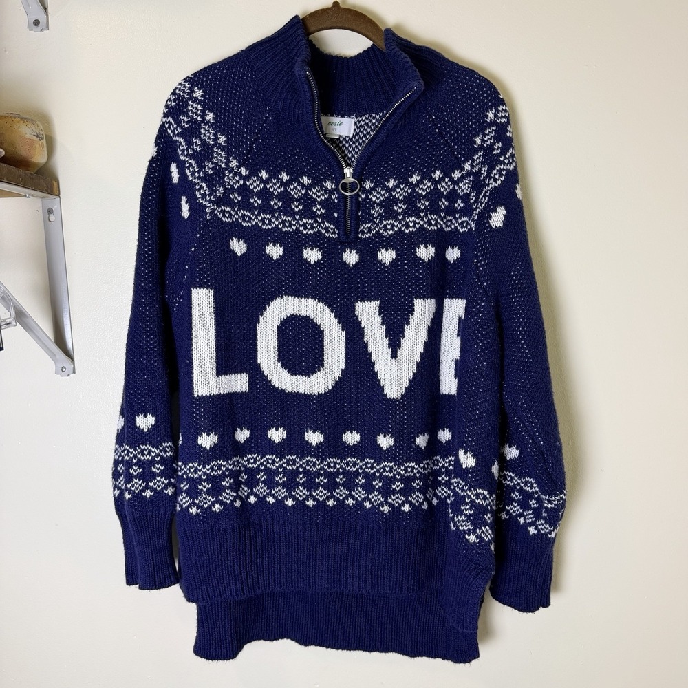 Aerie Womens Size L Blue White LOVE Sweater 1/4 Zip Oversized Cozy Cabinwear
